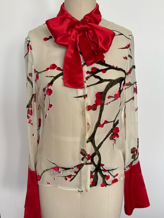 Ungaro Couture Tops - Vintage Ungaro Couture Silk Cream Floral Tie-Neck Blouse w/ Red Accents